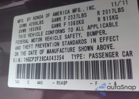 2012 Honda Accord 2.4 Lx z USA, uszkodzony, nr VIN 1HGCP2F39CA043354